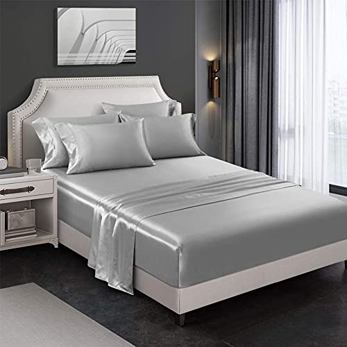 Queen Satin Bed Set - 6 Piece Silver Grey