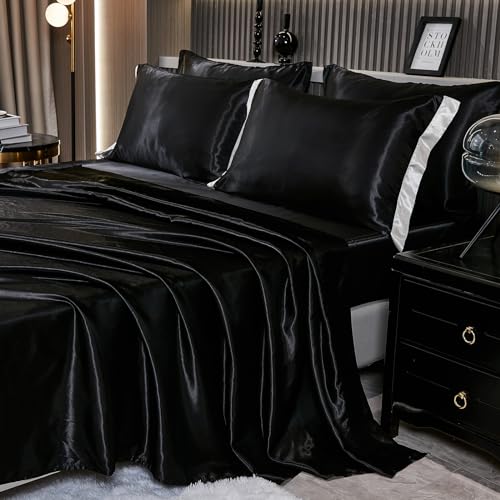 Luxury Black Satin Queen Comforter Set with Ruffles
