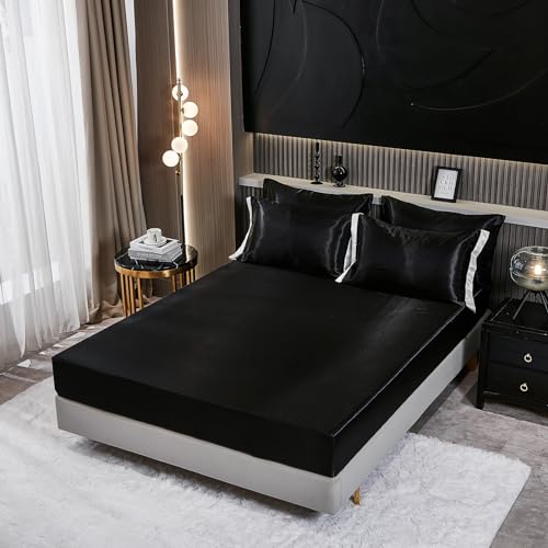 Luxury Black Satin Queen Comforter Set with Ruffles