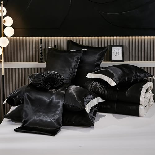Luxury Black Satin Queen Comforter Set with Ruffles