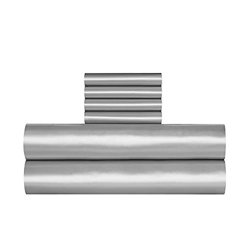 Queen Satin Bed Set - 6 Piece Silver Grey