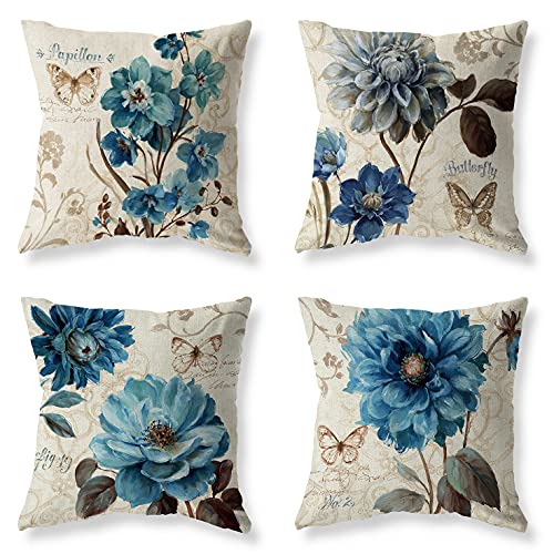 Farmhouse Blue Floral Throw Pillow Cover Set