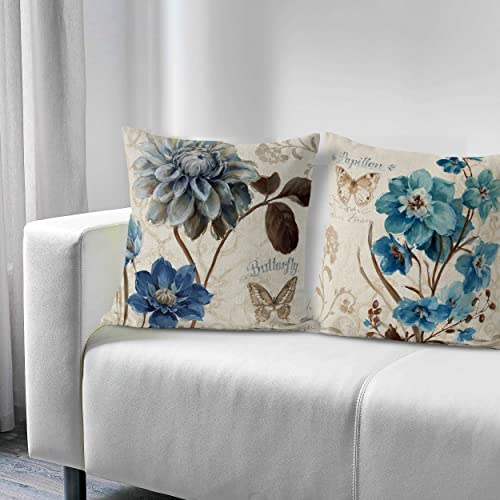 Farmhouse Blue Floral Throw Pillow Cover Set
