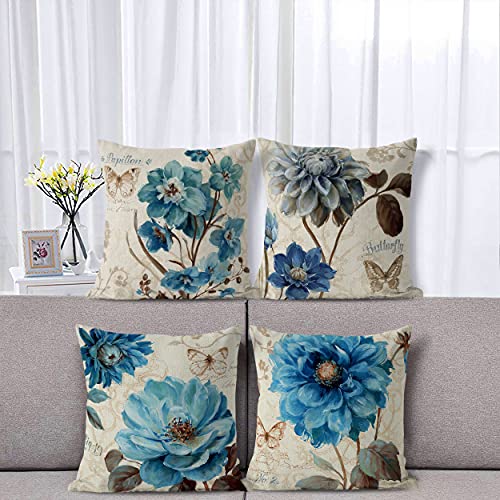 Farmhouse Blue Floral Throw Pillow Cover Set