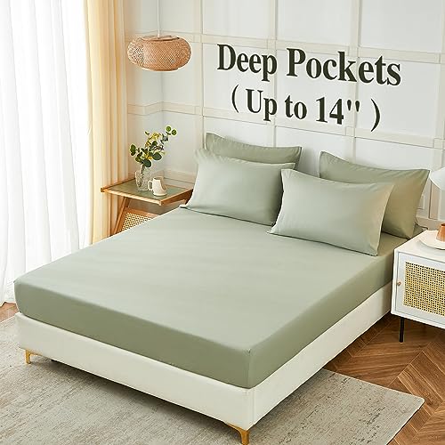 Luxury Sage Green Queen Sheet Set, 6 Pieces