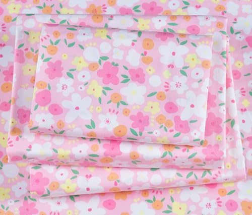 Pink Floral Cartoon Twin Sheet Set for Kids