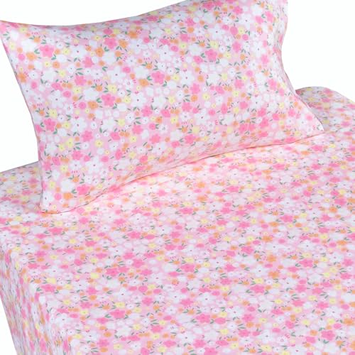 Pink Floral Cartoon Twin Sheet Set for Kids