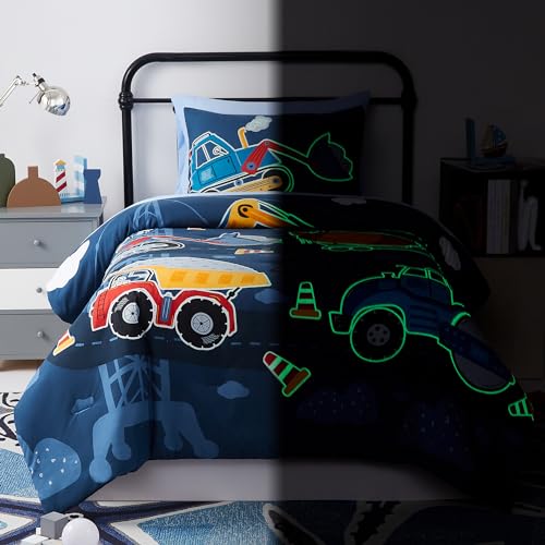 Glow-in-the-Dark Construction Trucks Twin Bedding Set