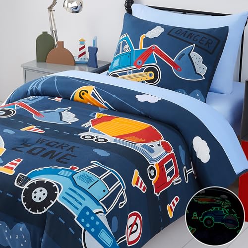 Glow-in-the-Dark Construction Trucks Twin Bedding Set