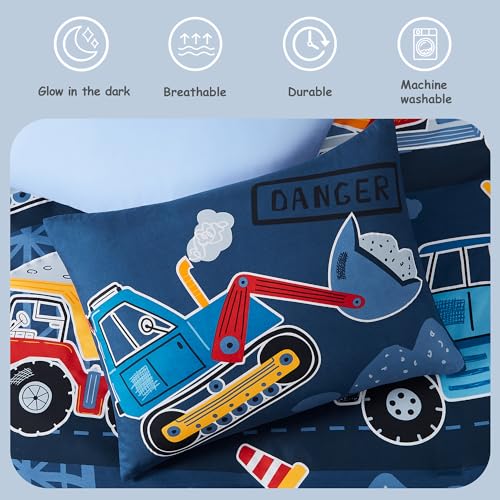 Glow-in-the-Dark Construction Trucks Twin Bedding Set