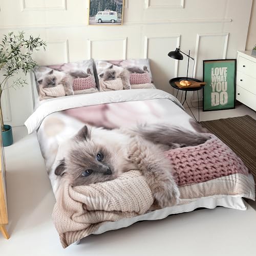 Kawaii Cat Duvet Set for Girls, 3 Pieces