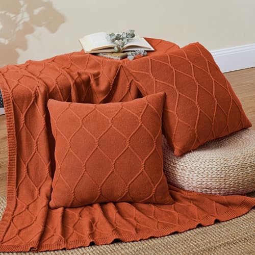 Aormenzy 3 Piece Rust Knit Blanket & Pillow Set
