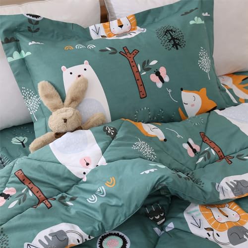 Green Animal Forest Kids Comforter Set, 3 Pieces