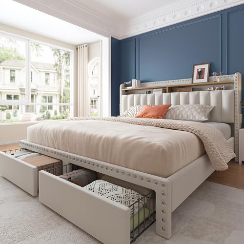 Upholstered Queen Bed Frame with Storage Drawers