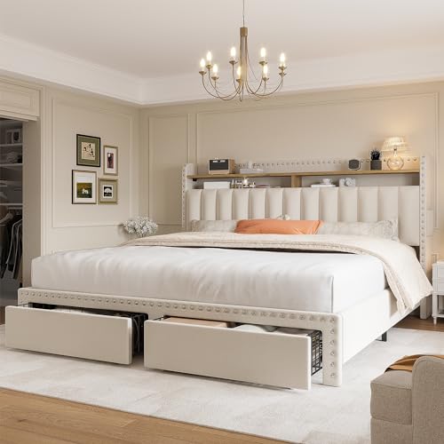 Upholstered Queen Bed Frame with Storage Drawers