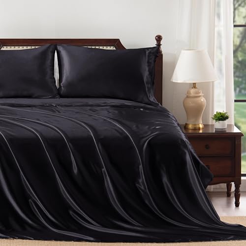 Luxury Black Satin Queen Sheet Set, 4 Pcs