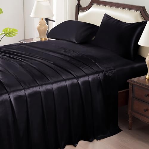 Luxury Black Satin Queen Sheet Set, 4 Pcs