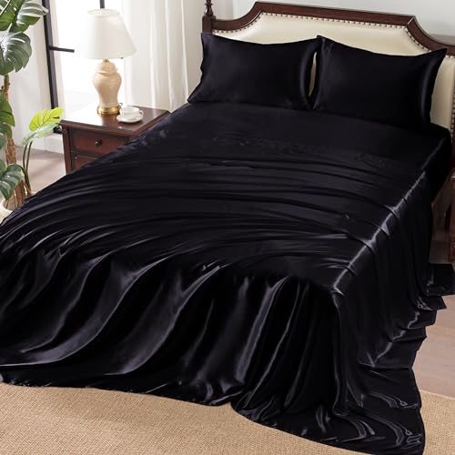 Luxury Black Satin Queen Sheet Set, 4 Pcs