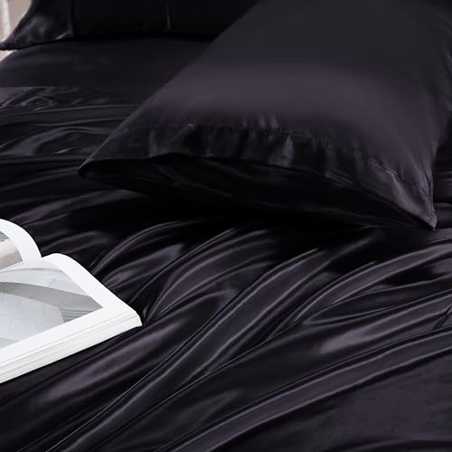 Luxury Black Satin Queen Sheet Set, 4 Pcs