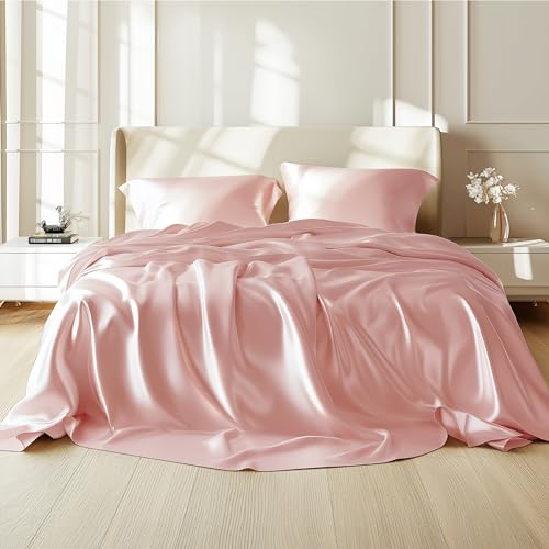 Luxury Pink Satin Queen Sheet Set, 4 Pieces