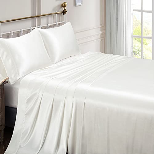 Ivory White Satin Full Bed Set with Pillowcases