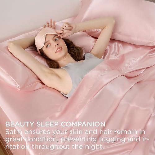 Luxury Pink Satin Queen Sheet Set, 4 Pieces