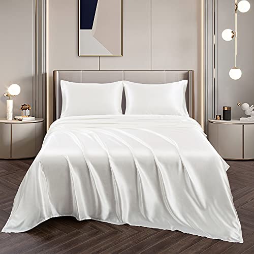 Ivory White Satin Full Bed Set with Pillowcases