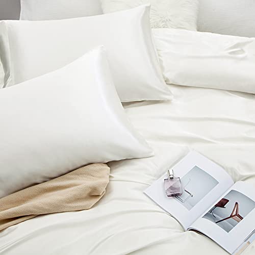 Ivory White Satin Full Bed Set with Pillowcases