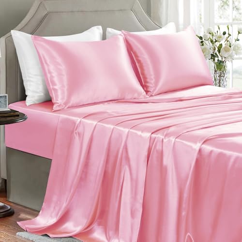 Luxury Light Pink Satin Bed Sheet Set – 4 Pieces