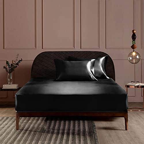 CozyLux Black Satin Queen Bed Sheet Set