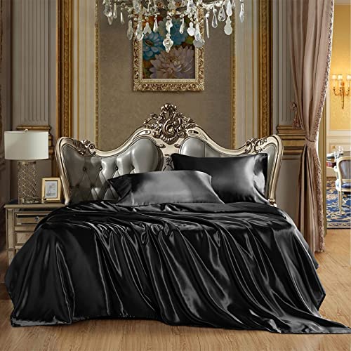 CozyLux Black Satin Queen Bed Sheet Set