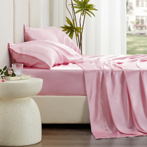 Luxury Pink Satin Queen Sheets Set - 4 Pieces
