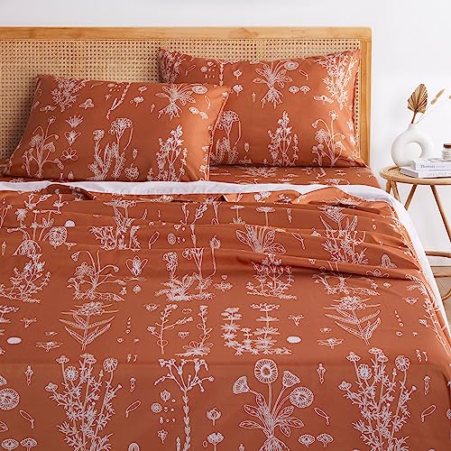 Floral 4-Piece Bed Sheet Set in Terracotta Orange