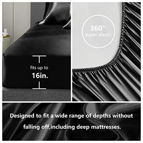 CozyLux Black Satin Queen Bed Sheet Set