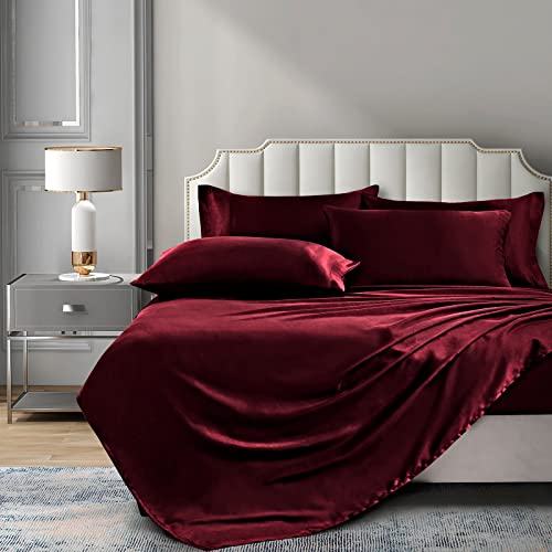 Luxury Burgundy Satin Queen Bed Sheet Set