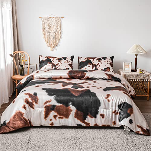 Brown Cow Print Satin Comforter Bedding Set