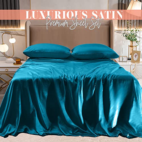 Turquoise Silky Satin 4-Piece Queen Sheet Set
