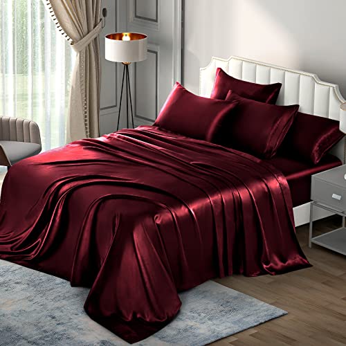 Luxury Burgundy Satin Queen Bed Sheet Set