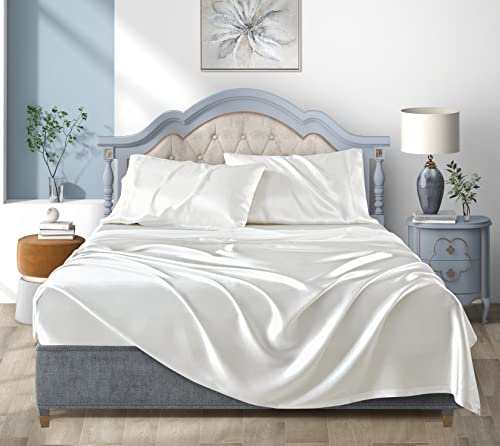 Luxury White Satin Queen Bed Sheet Set