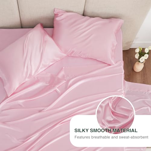 Luxury Pink Satin Queen Sheets Set - 4 Pieces