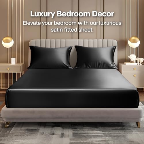 Satin Fitted Sheet & Pillowcases Set, Black