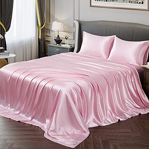 Pink Satin Bed Set: Full Size, 4 Pieces