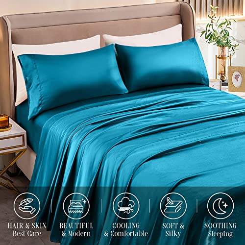 Turquoise Silky Satin 4-Piece Queen Sheet Set