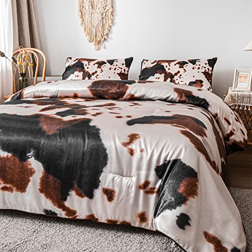 Brown Cow Print Satin Comforter Bedding Set