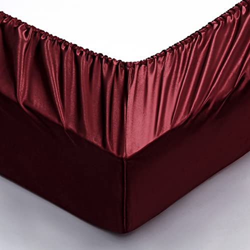 Luxury Burgundy Satin Queen Bed Sheet Set