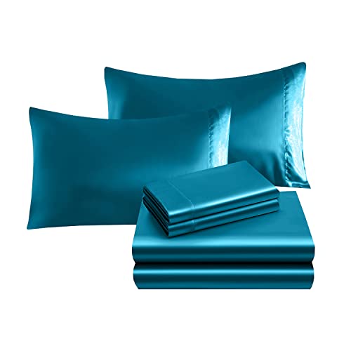 Turquoise Silky Satin 4-Piece Queen Sheet Set