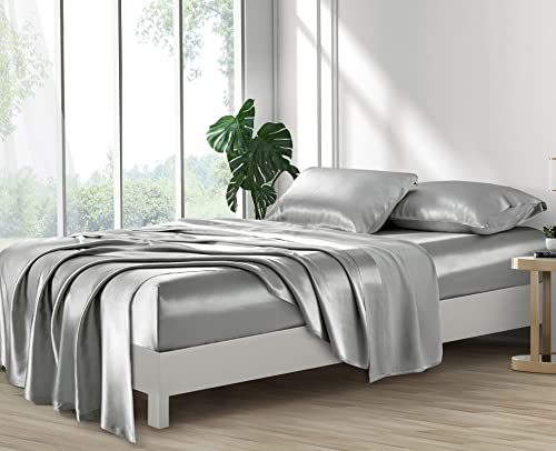 Light Gray Silk Satin Bed Sheet Set - 4 Pieces