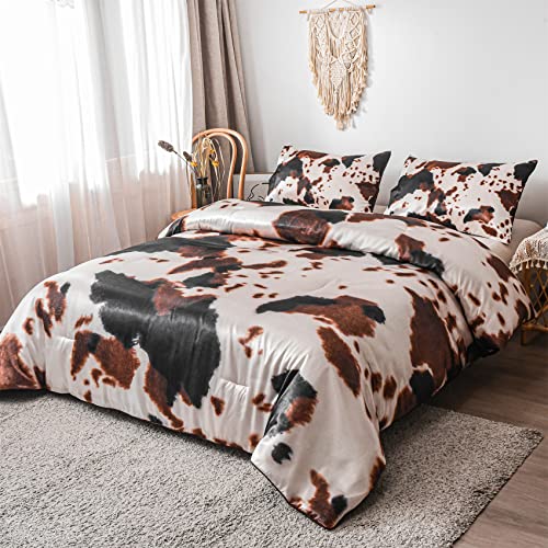 Brown Cow Print Satin Comforter Bedding Set