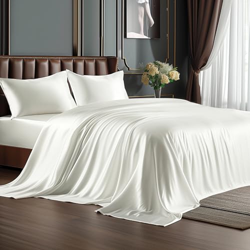 Luxury Ivory Satin Queen Bed Set, 4 Pieces