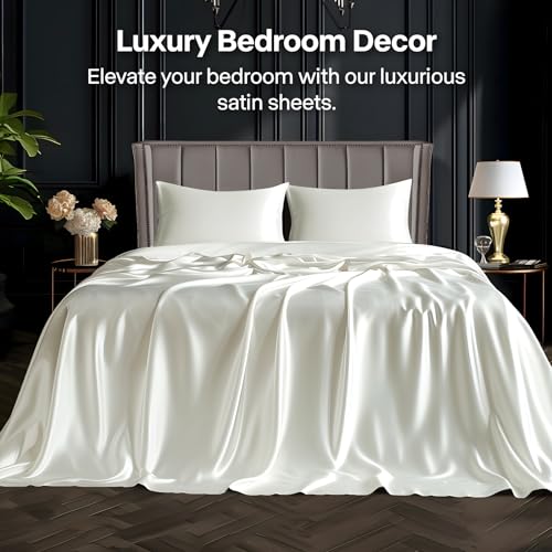 Luxury Ivory Satin Queen Bed Set, 4 Pieces